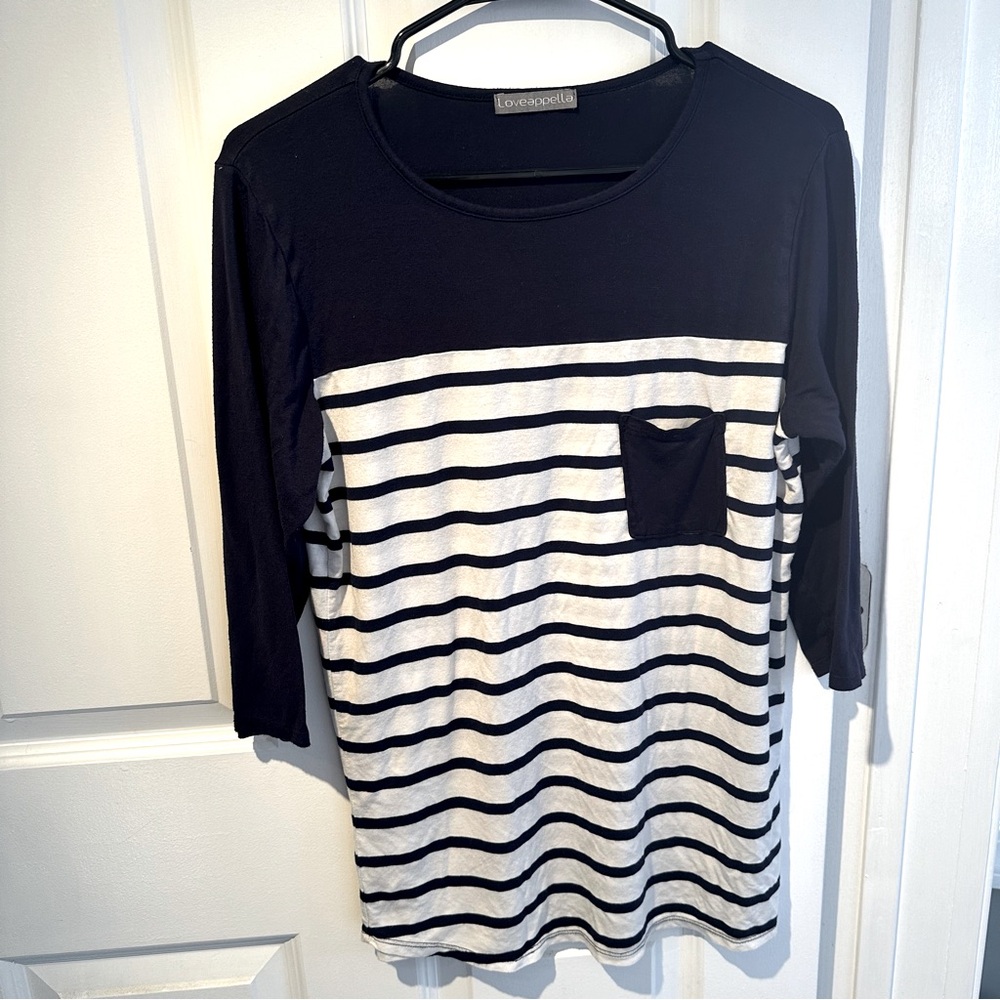 Loveappella Navy & White Three-Quarter Sleeve Knit Top with Horizontal Stripes